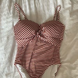 Burgundy and white stripe one piece swimsuit